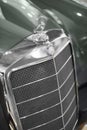 Close up shot of a Mercedes 220S blue car`s 3d logo and grid which produced in 1958. Editorial Shot in Izmir Turkey