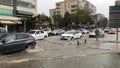 Flood in Bayrakli Izmir Turkey. Vehicles have difficulty moving on the flooded roa