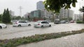 Flood in Bayrakli Izmir Turkey. Vehicles have difficulty moving on the flooded roa