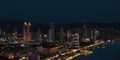 Night Landscape view of Izmir bay. Folkart towers, Mistral tower, Ege Perla and the other skyscrappers in the scene