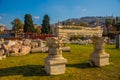 IZMIR, TURKEY: View of the ancient ruins of the Agora and the old town and fortress in Izmir.