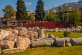 IZMIR, TURKEY: View of the ancient ruins of the Agora and the old town and fortress in Izmir.