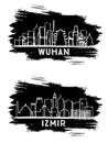 Izmir Turkey and Wuhan China City Skyline Silhouettes Set. Hand Drawn Sketch