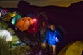 Iztaccihuatl-Popocatepetl National Park, Mexico - March 18, 2020:group of friends with tents at night against amazing sky full of