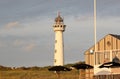 Lighthouse at sunset in the twilight. Egmond aan Zee, North Sea, the Netherlands. Royalty Free Stock Photo