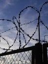 Silhouette of a fence with barbed wire against a blue sky. Prison security. Royalty Free Stock Photo