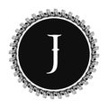 J letter in circle frame in floral ornament style on black color and white background
