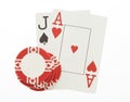 Jack and ace blackjack hand cards with chip on white Royalty Free Stock Photo