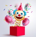 Jack in the box birthday vector design. Smiley clown toy in the box with balloons pattern and spring surprise elements.