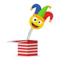 Jack in the box toy isolated on white background. Jester hat and laughing emoticon. Surprise joke for April Fools day. Royalty Free Stock Photo