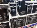 Jack Daniel`s bottles and boxes on the shelves of the supermarket, Czech Republic