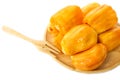 Jack fruit in wooden plate on white background. Royalty Free Stock Photo