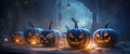 evil halloween mystery pumpkin horror blue night table fear moon background. Generative AI. Royalty Free Stock Photo