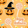 Jack lantern with easy and Candy corn. Happy Halloween jackolantern seamless pattern. Vector illustration isolated on