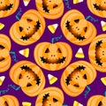 Jack lantern pumpkin Happy Halloween jackolantern seamless pattern.Vector illustration isolated on purple background. Royalty Free Stock Photo