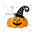 Jack Lantern with witch hat and spider. Halloween scary pumpkin with smile, happy face. Vector illustration in cartoon Royalty Free Stock Photo