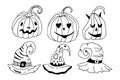 Hand drawn pumpkins witch magic hat set in doodle style. Halloween vector illustration for card design and fall decoration. Jack Royalty Free Stock Photo