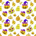 Jack lantern in wizard hat seamless pattern. Vector illustration for card, wallpaper, fabric design and fall decoration. Halloween Royalty Free Stock Photo