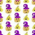 Jack lantern in wizard hat seamless pattern. Vector illustration for card, wallpaper, fabric design and fall decoration. Halloween Royalty Free Stock Photo