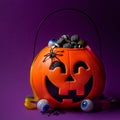 Jack-o-lantern bag full of candy on  dark purple background, square format Royalty Free Stock Photo