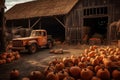 A jack o lantern barn, its rotting wooden doors gaping open to reveal piles upon piles of pumpkins waiting to be carved for