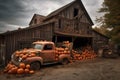 A jack o lantern barn, its rotting wooden doors gaping open to reveal piles upon piles of pumpkins waiting to be carved for