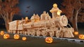 A jack-o-lantern blaze train that illuminates the autumn beauty on a cold and dark night. Royalty Free Stock Photo