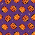 Jack o Lantern, carved halloween pumpkin characters and dots vector seamless pattern background