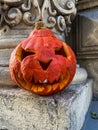 Jack-o`-lantern carved pumpkin with ghoulish face. Halloween tradition