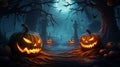 Jack \'o lantern in cemetery in spooky night with full moon halloween