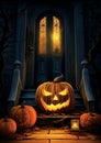 A jack o lantern flickering on a front porch halloween frame border Royalty Free Stock Photo