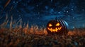 Jack-o\'-lantern with glowing face in field under starry night sky Royalty Free Stock Photo