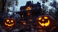 Jack-o\'-lantern Glowing in Front of a Haunted House Royalty Free Stock Photo