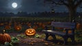 Jack-o-lantern glowing near a bench in a moonlit pumpkin field. Full moon illuminating a radiant carved pumpkin farm Royalty Free Stock Photo