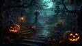 Jack o\' lantern glowing in old cellar in creepy fantasy night halloween background