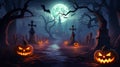 Jack o\' lantern glowing in old cellar in creepy fantasy night halloween background