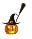 Jack-O-Lantern. Halloween pumpkin with black witches hat. Vector illustration. Royalty Free Stock Photo