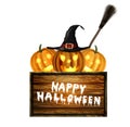 Jack-O-Lantern. Halloween pumpkin with black witches hat. Vector illustration. Royalty Free Stock Photo