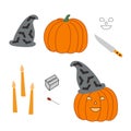 Jack o Lantern Halloween pumpkin with funny face and hat step by step instruction, elements for curving scary face Royalty Free Stock Photo