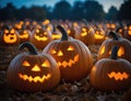 Jack o lantern Halloween pumpkin. Many creepy crafted pumpkins lantern, autumn. Generative ai. Royalty Free Stock Photo