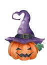 Jack o Lantern halloween pumpkin with purple witch hat Royalty Free Stock Photo