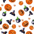 Jack O Lantern halloween and witch hat pumpkin seamless pattern Royalty Free Stock Photo