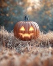 Glowing Jack-o\'-Lantern on Straw Royalty Free Stock Photo