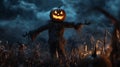A Jack-o\'-lantern-headed Scarecrow in a Field at Night Royalty Free Stock Photo