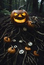 Jack O\'lantern lit on a tree stump Royalty Free Stock Photo