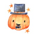 Jack O lantern with magician hat watercolor illustration.