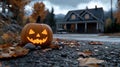 Jackolantern on path with autumn leaves house in background spooky atmosphere Royalty Free Stock Photo