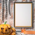 Jack O Lantern pumpkin, chains and mock up blank poster on white Royalty Free Stock Photo