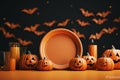 Jack o lantern pumpkin decor on a table in a Halloween mock up frame