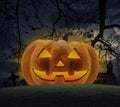 Jack O Lantern pumpkin, grass, dead tree, cross, birds with church over cloudy sky Royalty Free Stock Photo